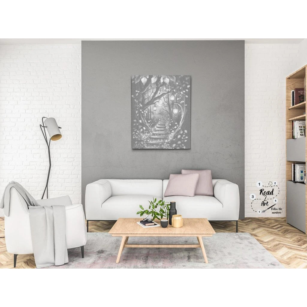 Punktmalerei Leinwand mit Waldtreppe und magischem Lichtertunnel