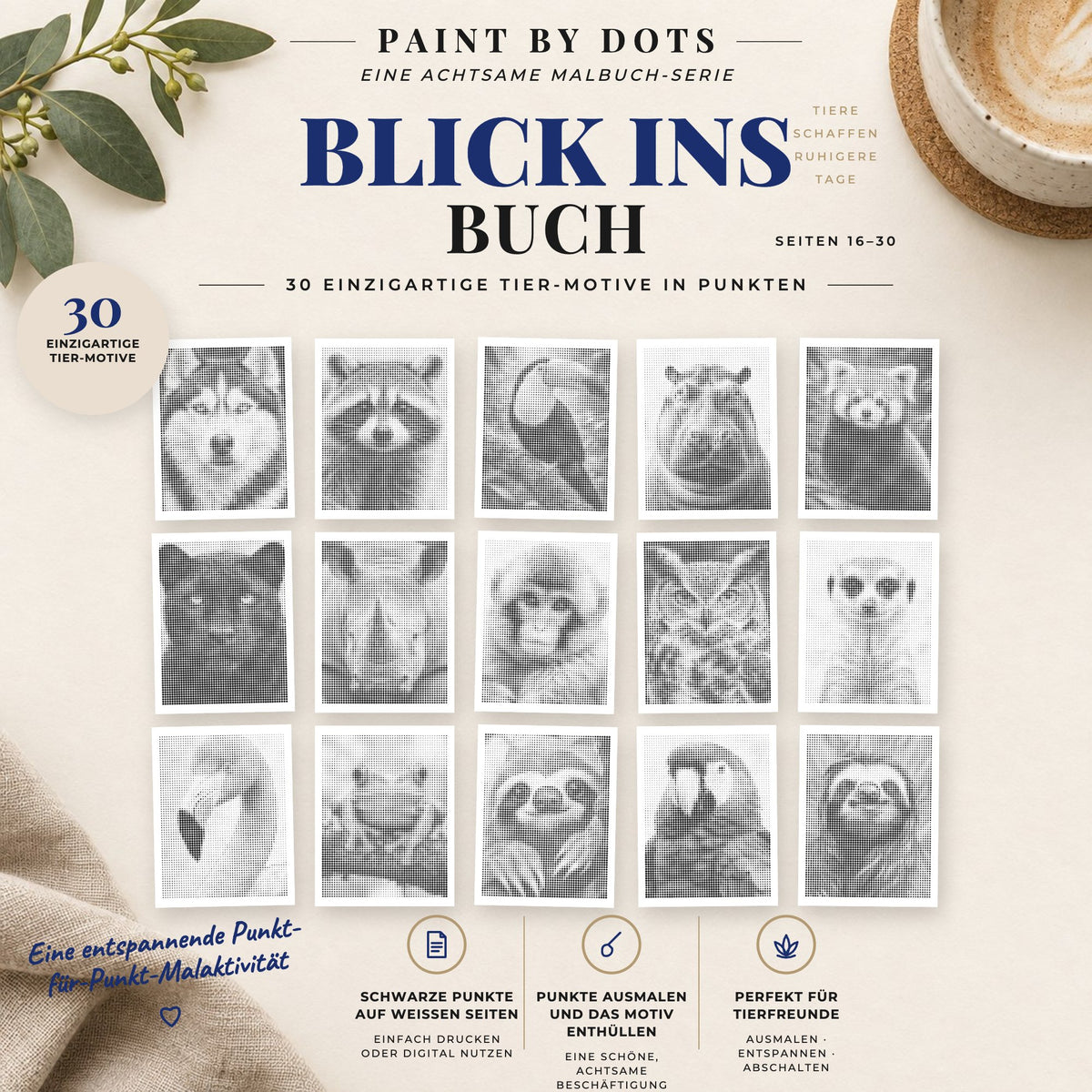 Vorschau der druckbaren Tierporträts Punktmalerei-Motive, Seiten 16 bis 30