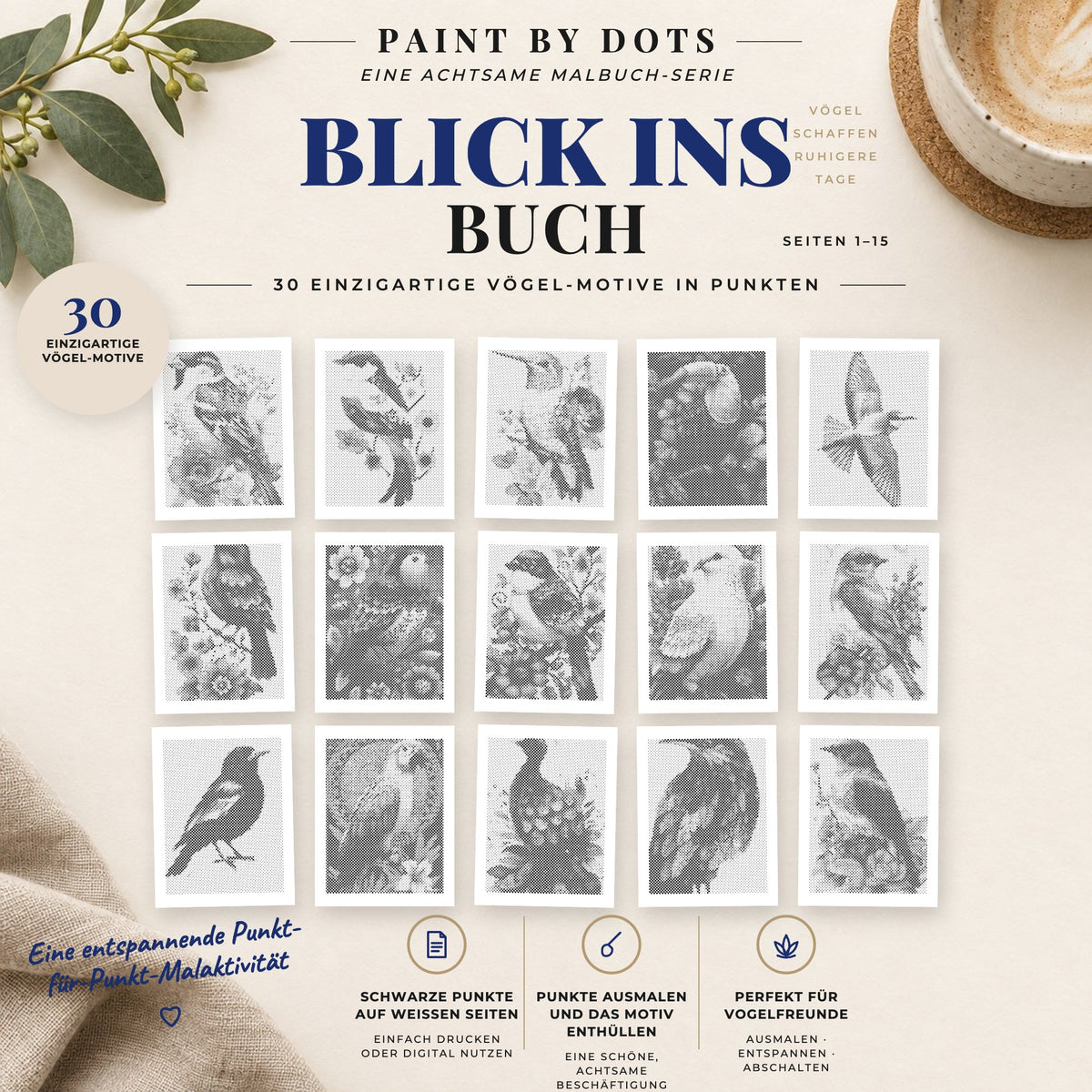 Vorschau der druckbaren Vogelporträts Punktmalerei-Motive, Seiten 1 bis 15
