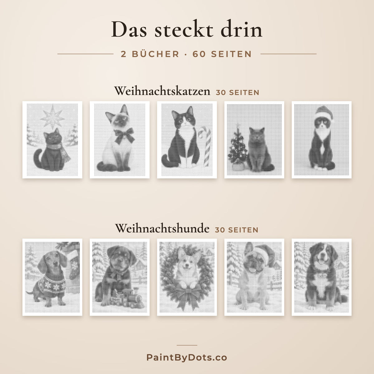 Das steckt im Weihnachtshaustiere Punktmalerei-Bundle: Weihnachtskatzen und Weihnachtshunde