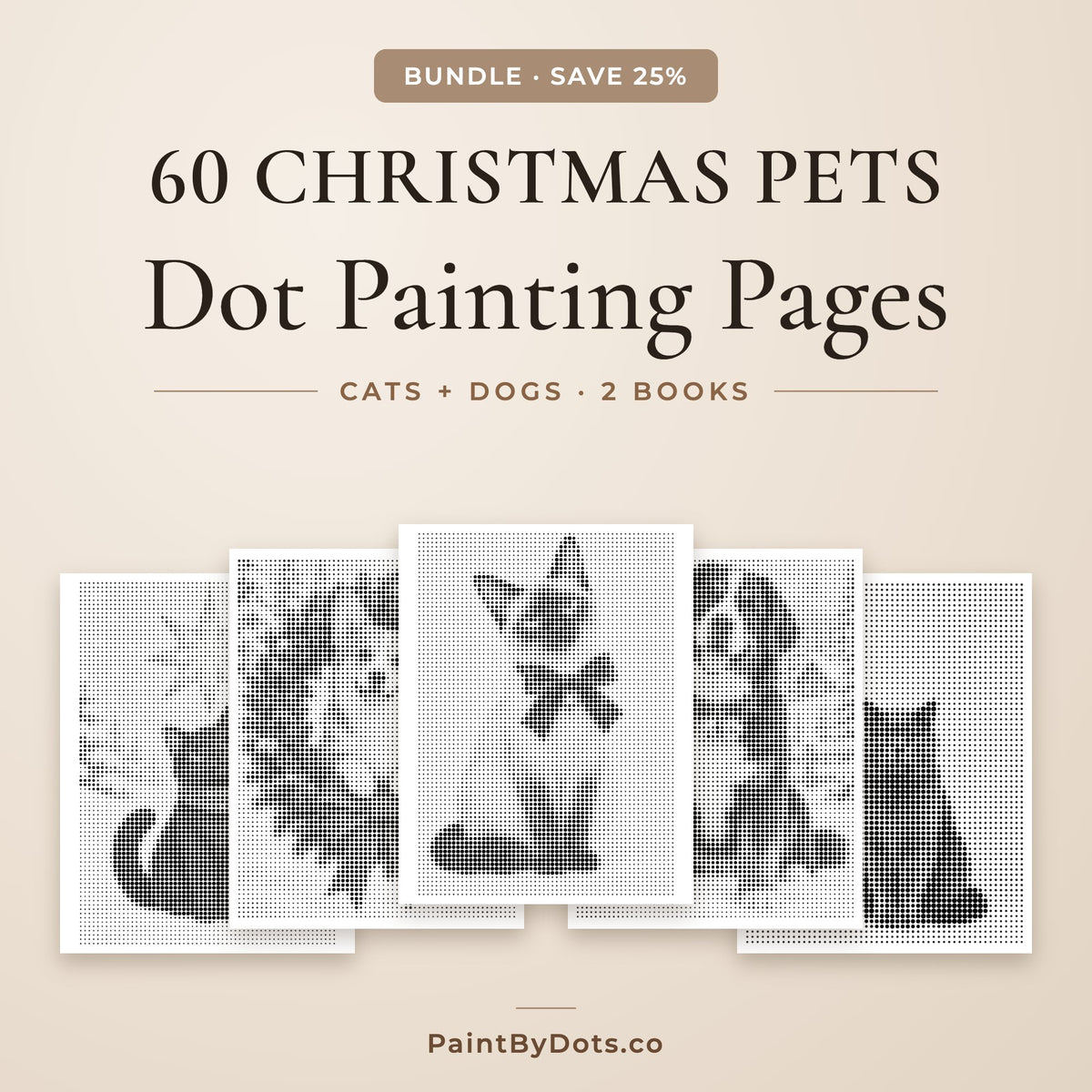 Christmas Pets dot painting bundle with 60 printable pages from 2 books