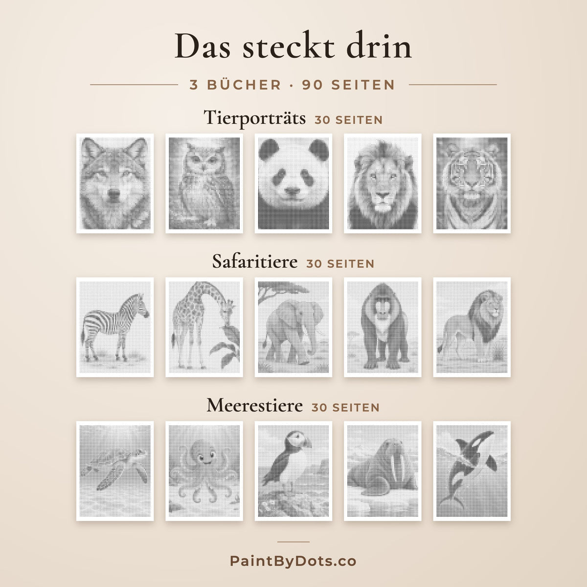 Das steckt im Wildtiere Punktmalerei-Bundle: Tierporträts, Safaritiere und Meerestiere