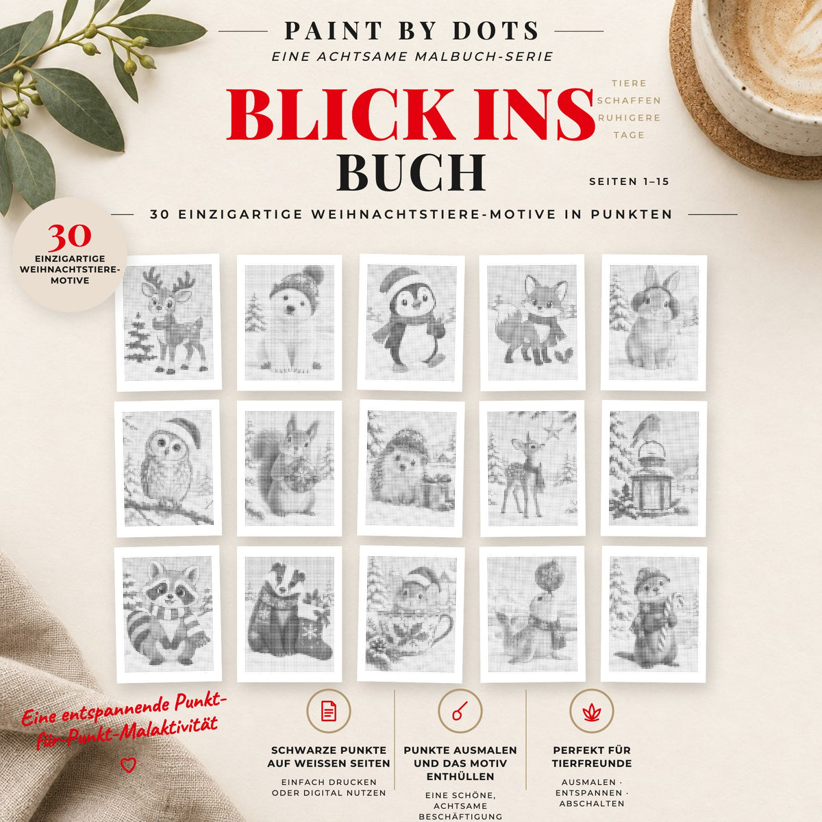 Vorschau der druckbaren Weihnachtstiere Punktmalerei-Motive, Seiten 1 bis 15