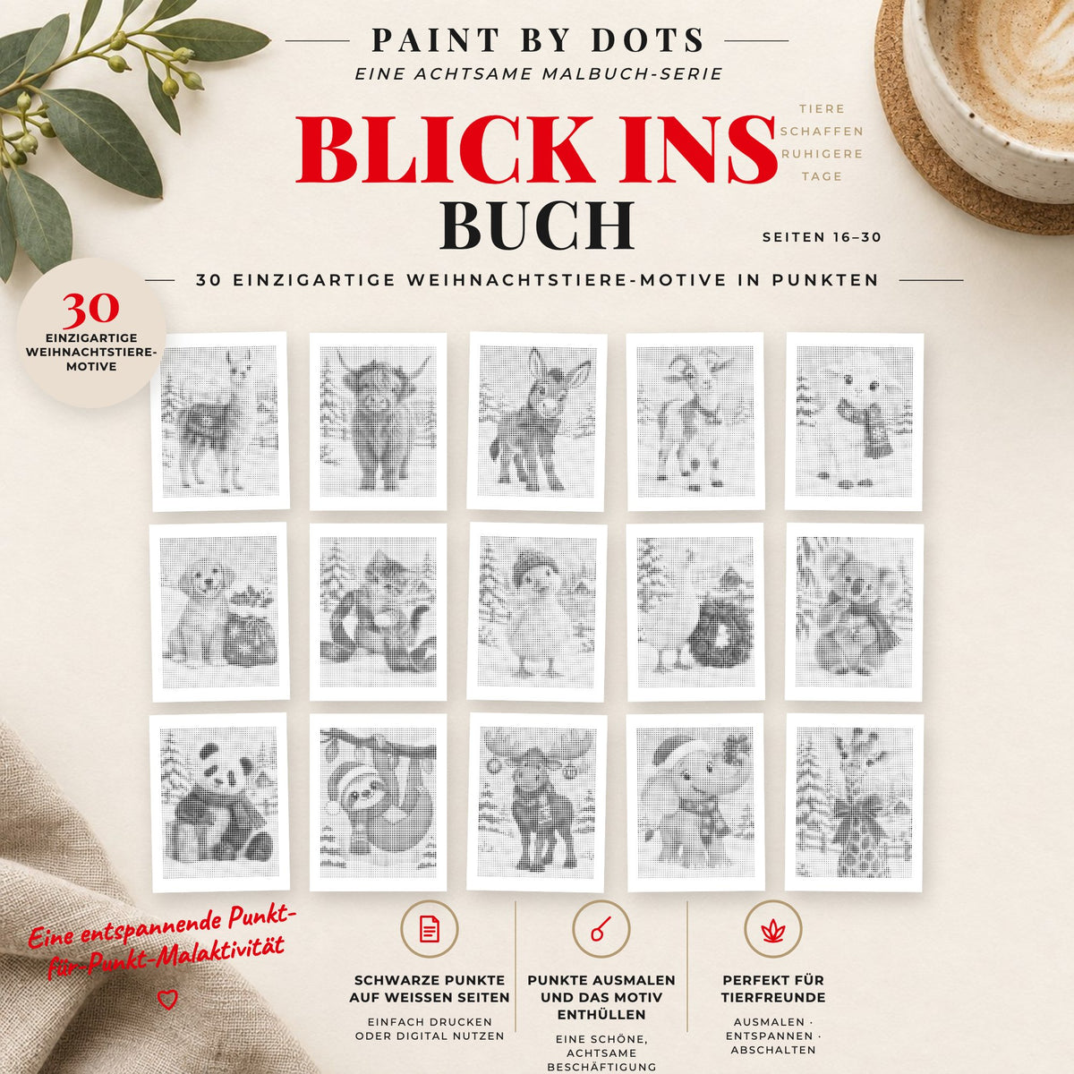 Vorschau der druckbaren Weihnachtstiere Punktmalerei-Motive, Seiten 16 bis 30