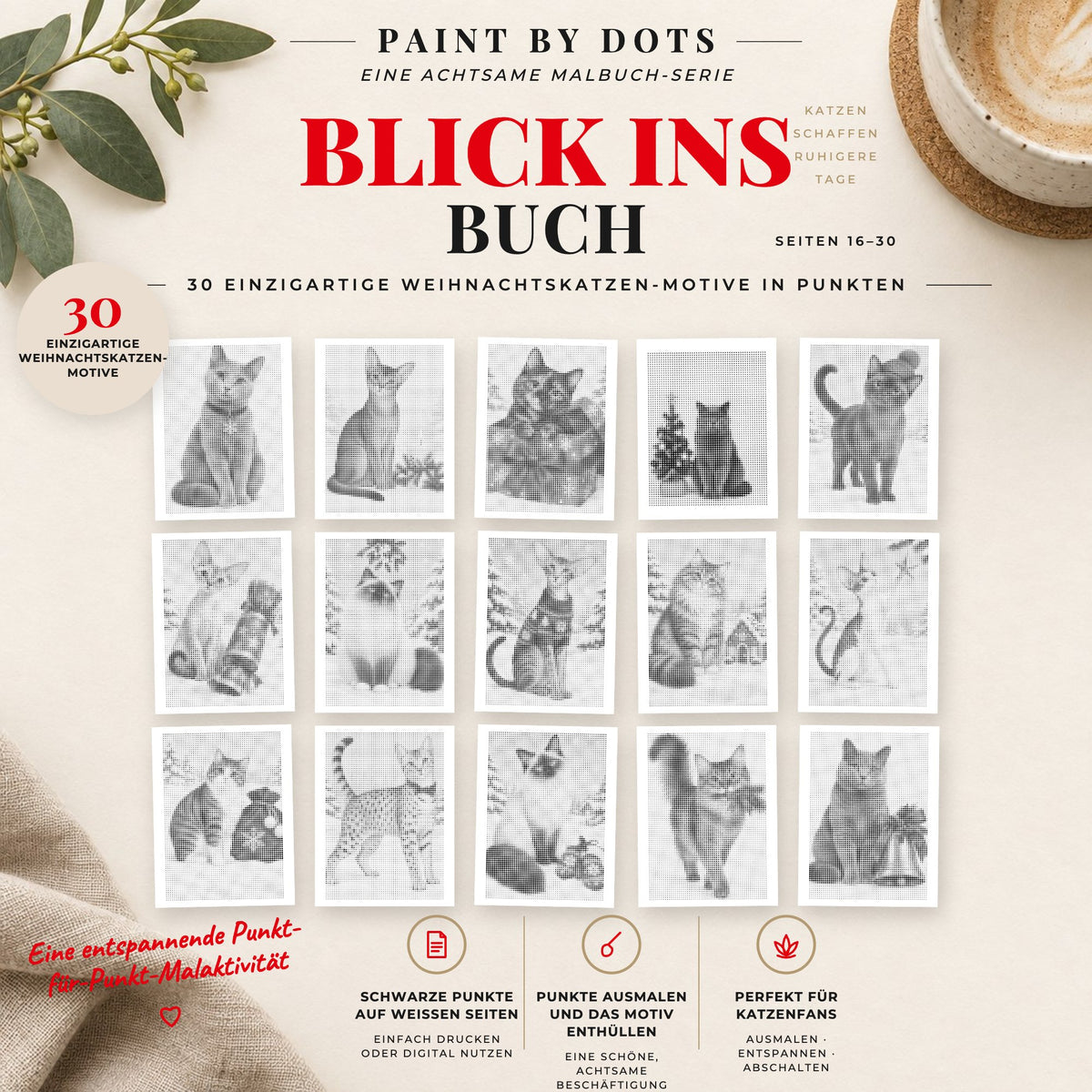 Vorschau der druckbaren Weihnachtskatzen Punktmalerei-Motive, Seiten 16 bis 30