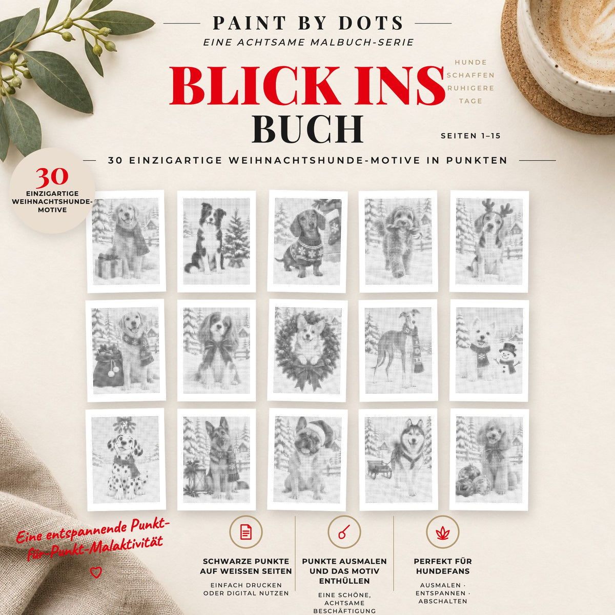 Vorschau der druckbaren Weihnachtshunde Punktmalerei-Motive, Seiten 1 bis 15