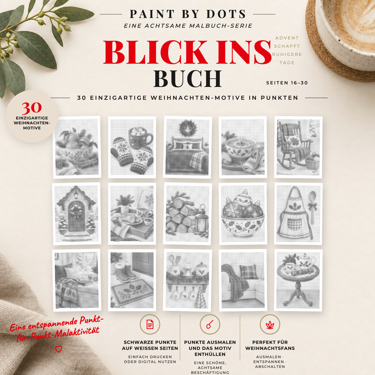 Vorschau der druckbaren Cosy Christmas Punktmalerei-Motive, Seiten 16 bis 30