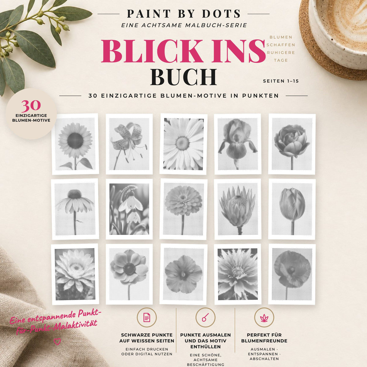 Vorschau der druckbaren Blumen Punktmalerei-Motive, Seiten 1 bis 15