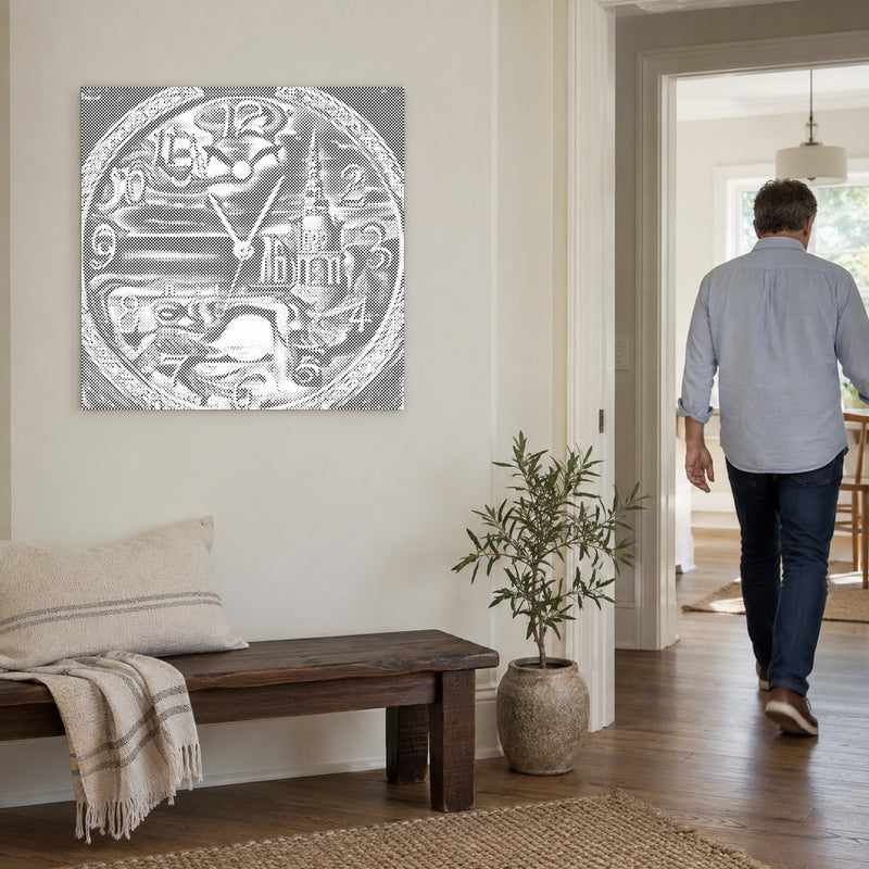 Punktmalerei-Leinwand “Abstrakte Wanduhr”, an einer hellen Wand, während eine Person durch die Tür geht.