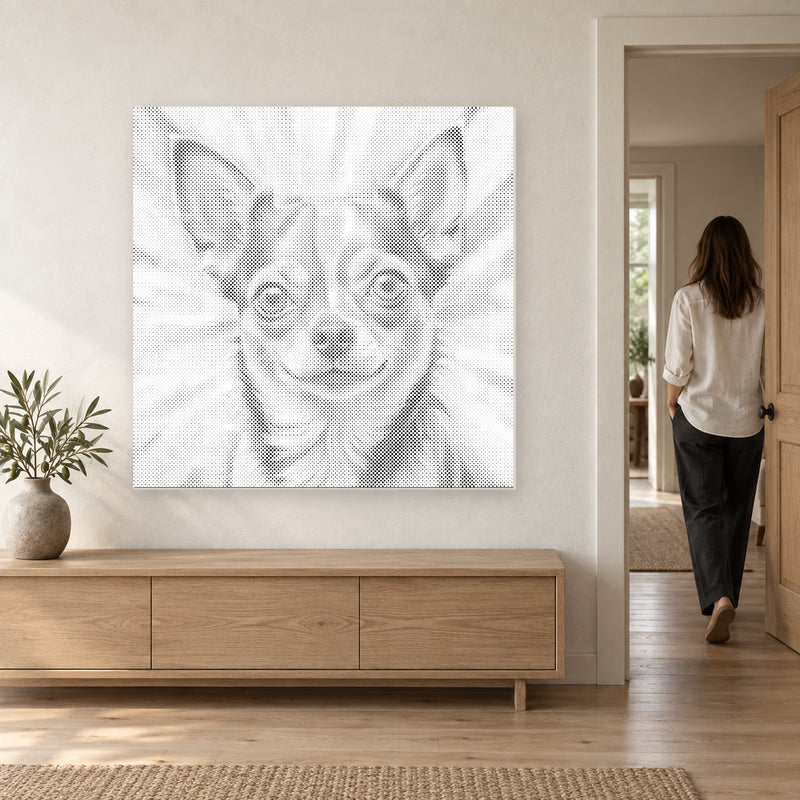 Punktmalerei-Leinwand mit Chihuahua über einer Eichenkonsole, während eine Person durch die Tür den Raum verlässt.