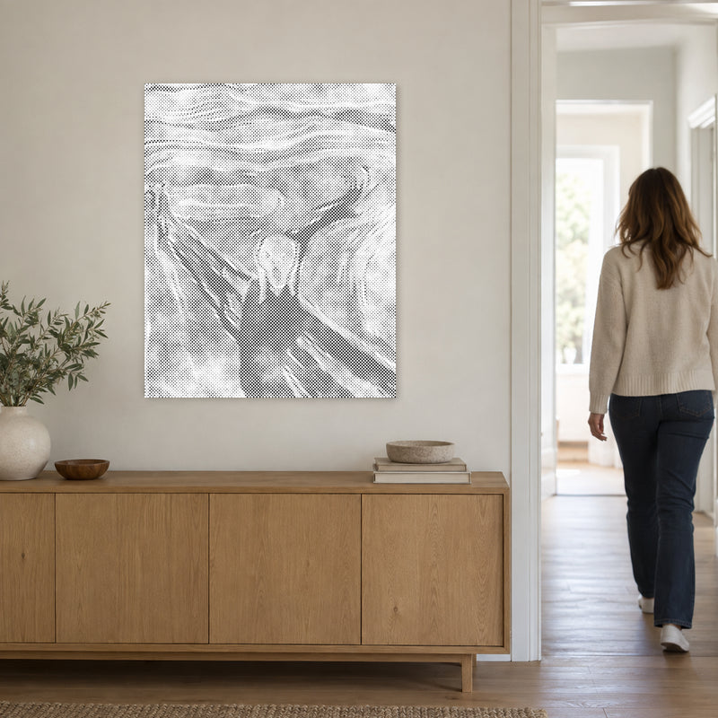Punktmalerei-Leinwand “Der Schrei von Edvard Munch”, an einer hellen Wand, während eine Person durch die Tür geht.