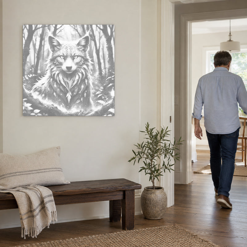 Punktmalerei-Leinwand “Zauberfuchs”, an einer hellen Wand, während eine Person durch die Tür geht.