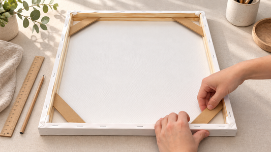 Hands fitting a corner support into a wooden canvas frame on a light worktable