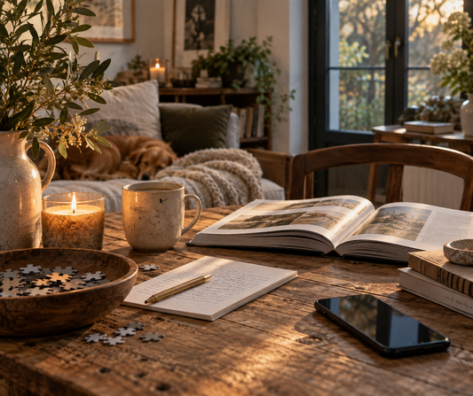 Cozy screen-free evening with books, puzzle, journal, candle and phone set aside
