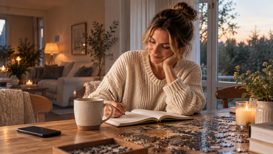 Woman enjoying a screen-free evening with a journal, puzzle and candlelight