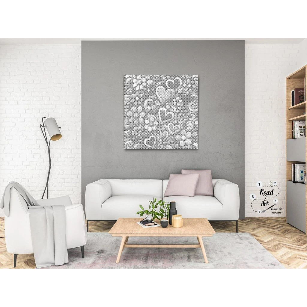 Punktmalerei Leinwand: Herz- und Blumenmuster als Wandbild im Wohnzimmer