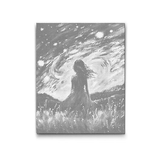 Dot Painting: Silhouette eines Mädchens im Feld unter wirbelndem Sternenhimmel
