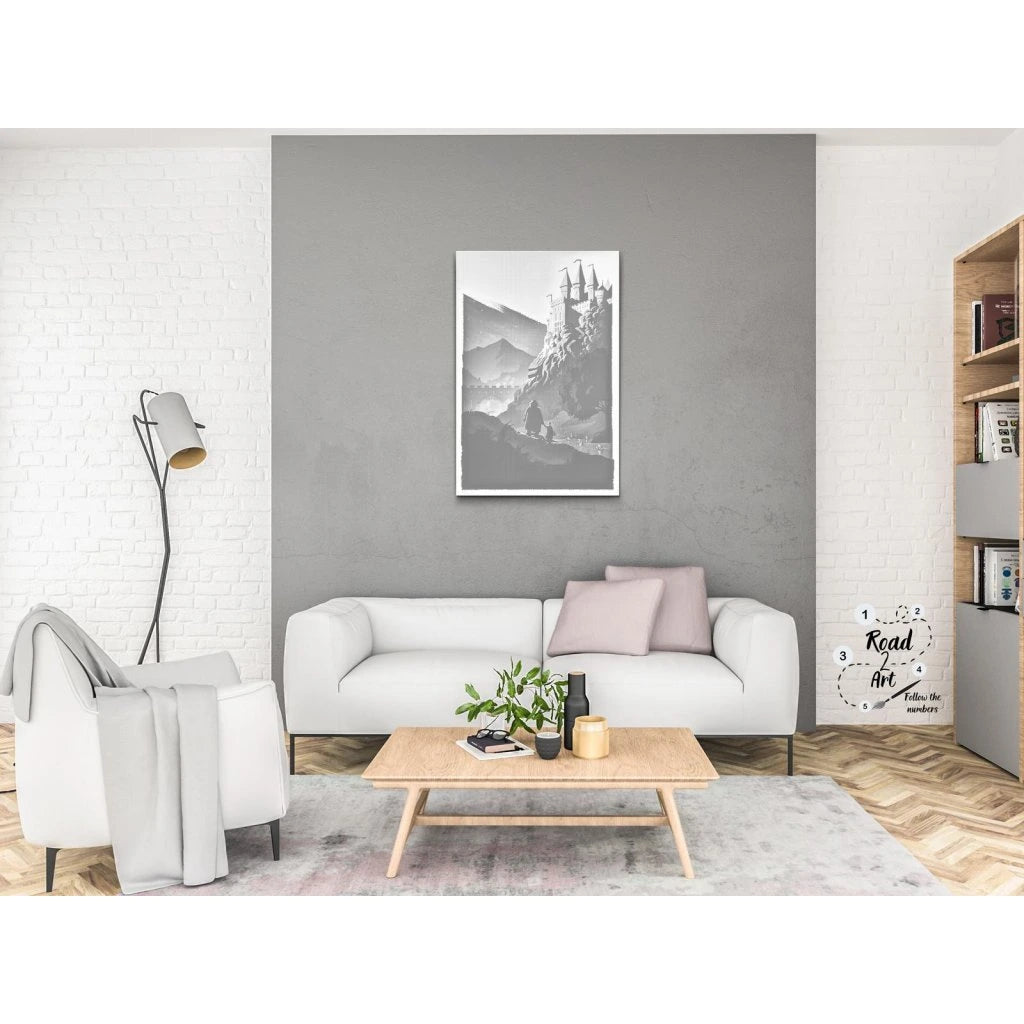 Punktmalerei Leinwand – Magisches Schloss mit Türmen, See und Bergen