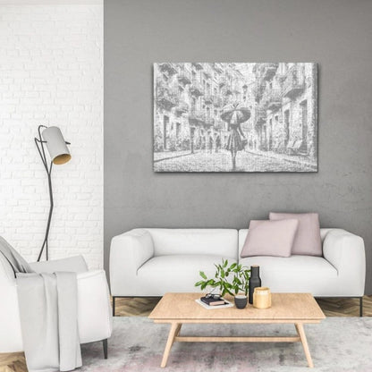 Punktmalerei-Motiv mit Regenszene und urbaner Atmosphäre – ideal zum Entspannen.
