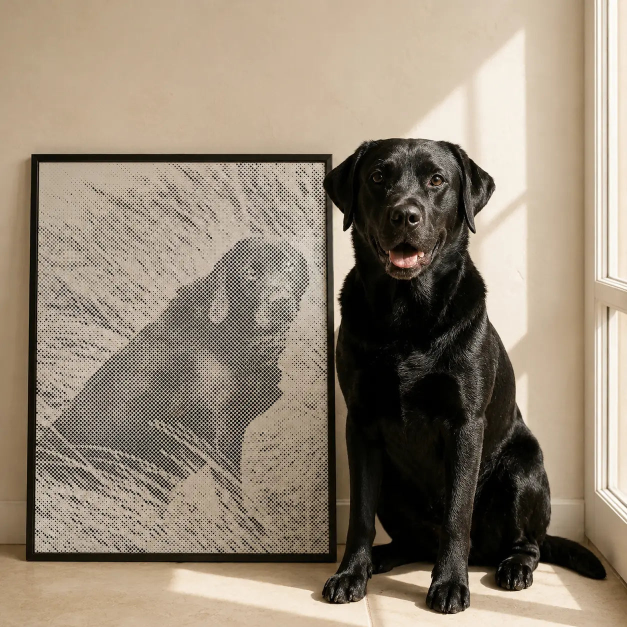 Foto als Punktmalerei mit Hund neben dem fertigen Punktmalerei Bild