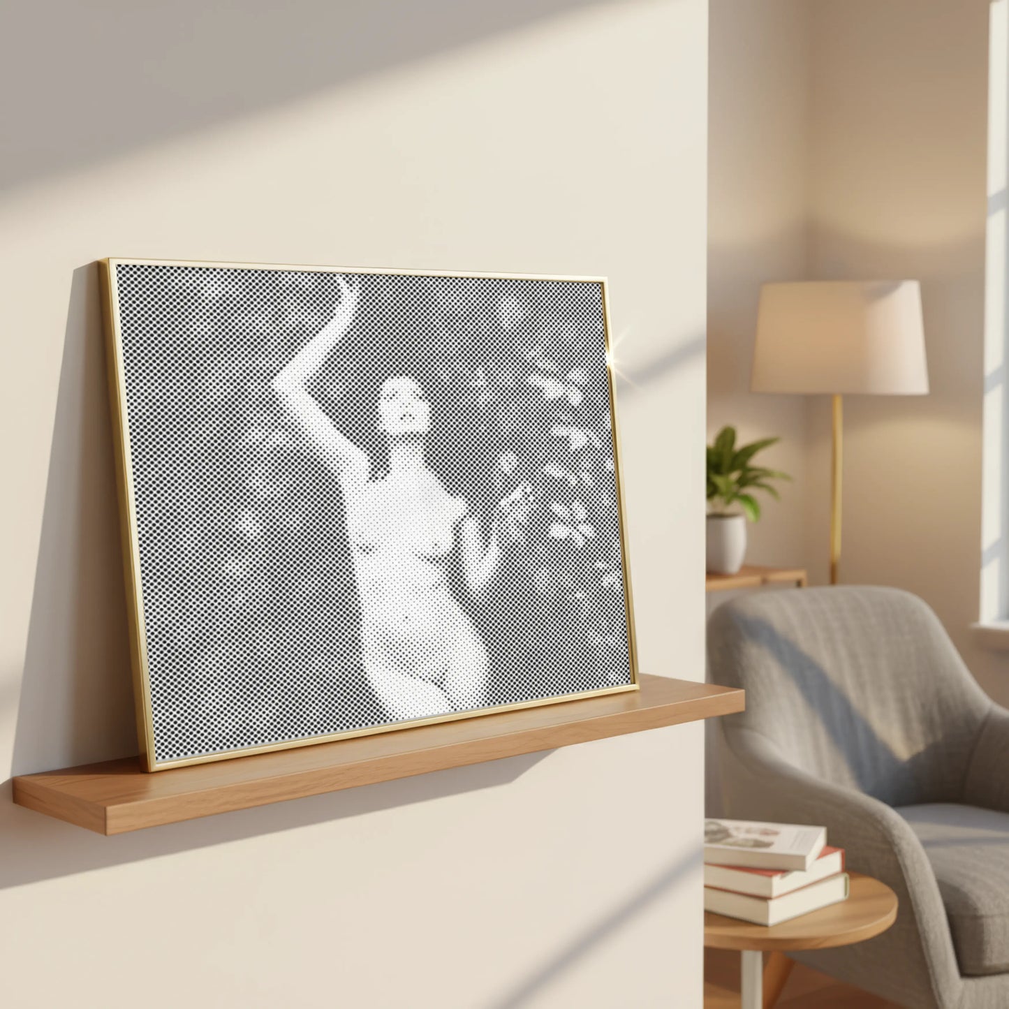 Framed artwork of a nude figure on a wall in a modern living room. Figure Art Dot Painting Kits