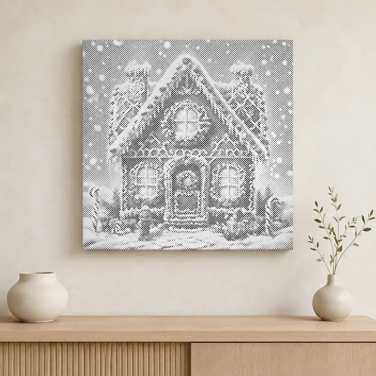 Lebkuchenhaus im Schnee | Punktmalerei Set als fertiges Punktmalerei Kunstwerk