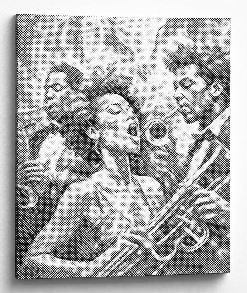 Dot Painting Wandbild eines Jazz Sängers in blauer Punkttechnik, modernes Jazz Wandbild mit Musiker Ensemble