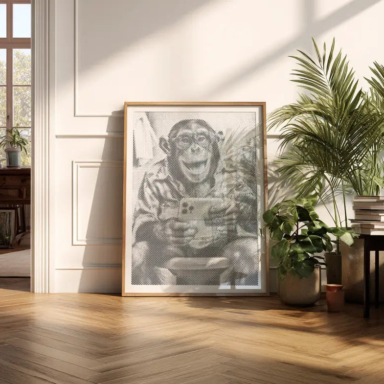 Lachender Affe mit Selfie | Punktmalerei Set als fertiges Punktmalerei Kunstwerk