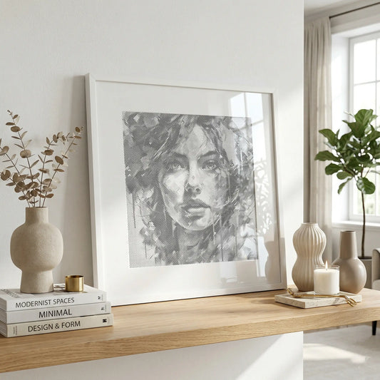 Framed artwork of a woman's face on a wooden shelf with decor items in a bright room. Modern Woman Portrait | Dot Painting Kit