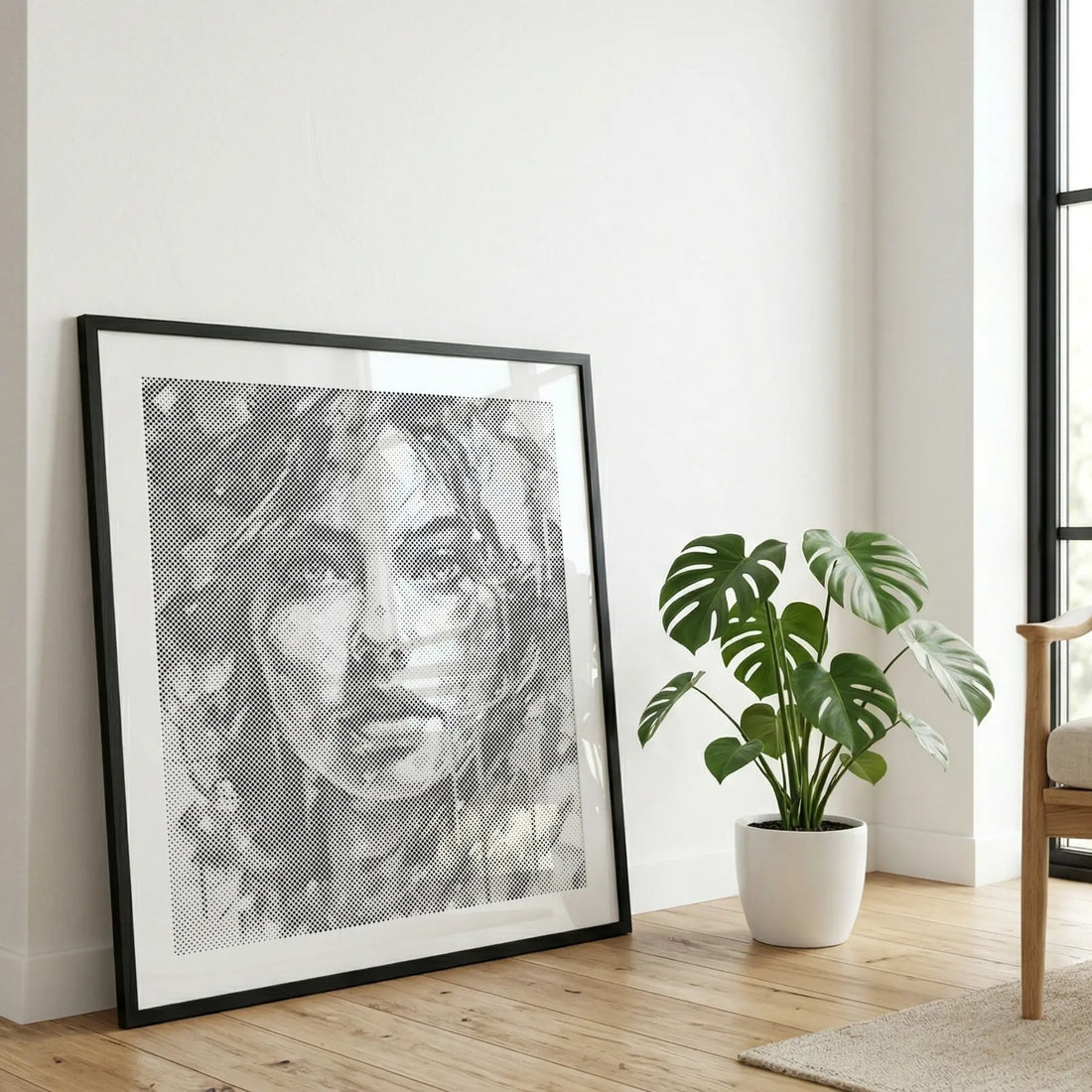 Eine fertige Punktmalerei als Wandkunst in einem ruhigen Interieur