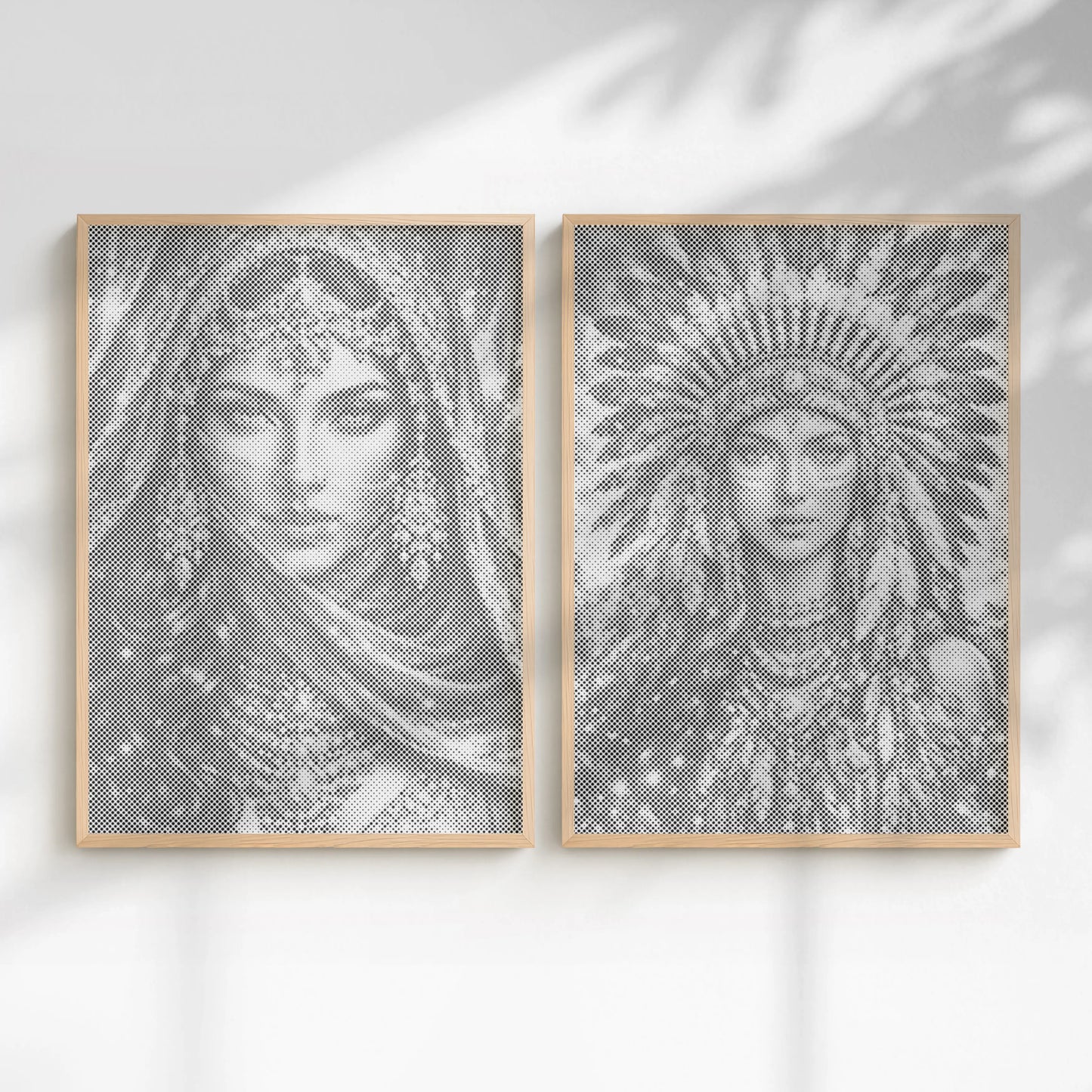 Two framed artworks of a woman with a headscarf and another with an ornate headdress on a white wall. Native American Woman Portrait | Dot Painting Kit