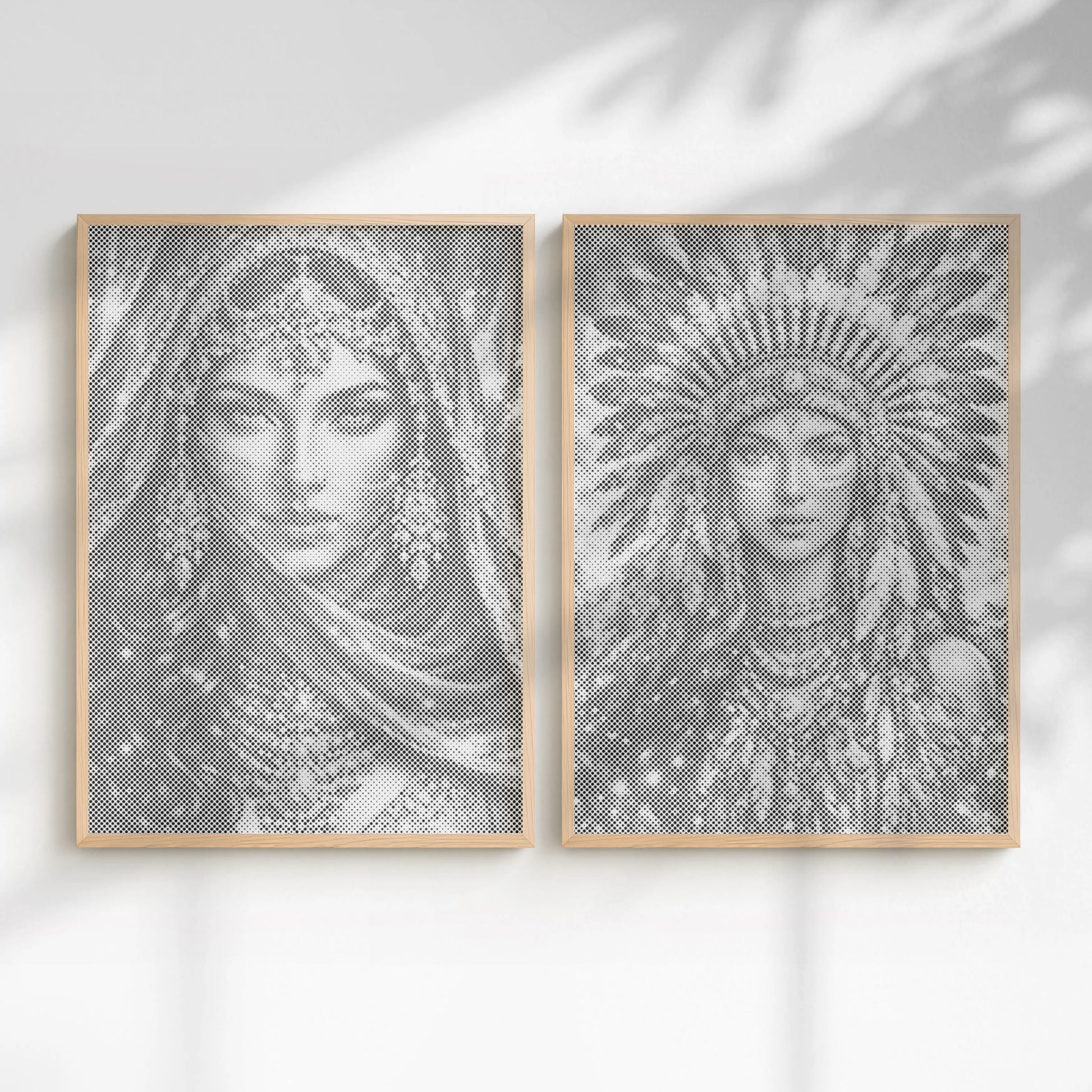 Two framed artworks of a woman with a headscarf and another with an ornate headdress on a white wall. Native American Woman Portrait | Dot Painting Kit