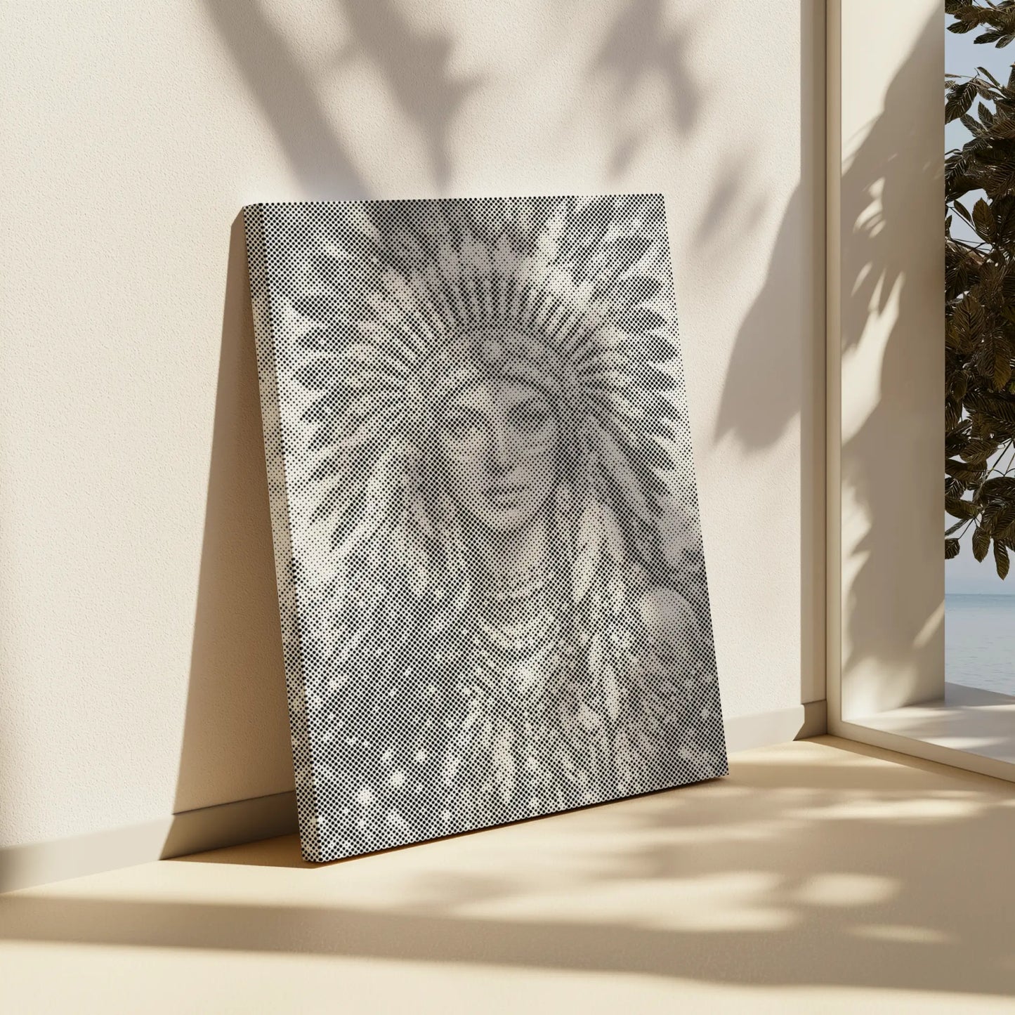 Canvas print of a person wearing a headdress on a beige surface with a window in the background. Native American Woman Portrait | Dot Painting Kit