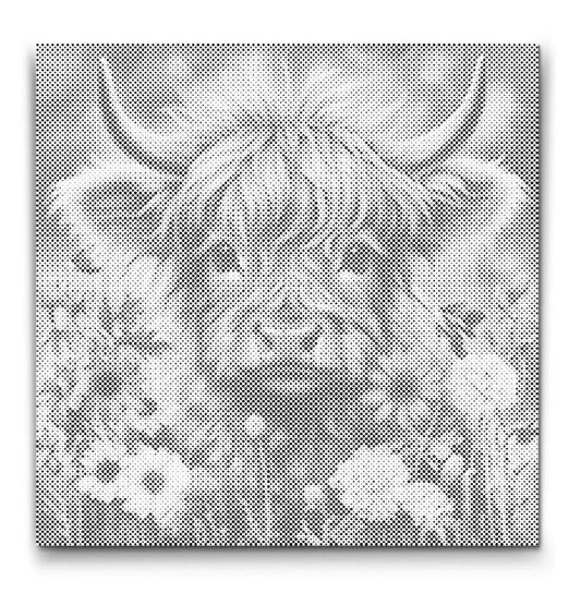 punktmalerei kuh im blumenfeld