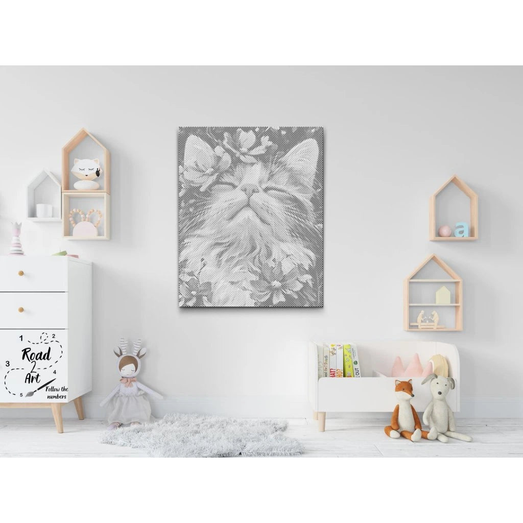 Detail der Punktmalerei eines Katzen Wandbildes im Dot Painting Stil