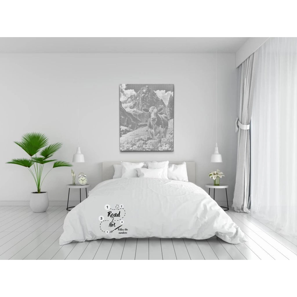 Kuh auf einer Wiese als moderne Dot Art Wandkunst in Punkttechnik punktmalerei 