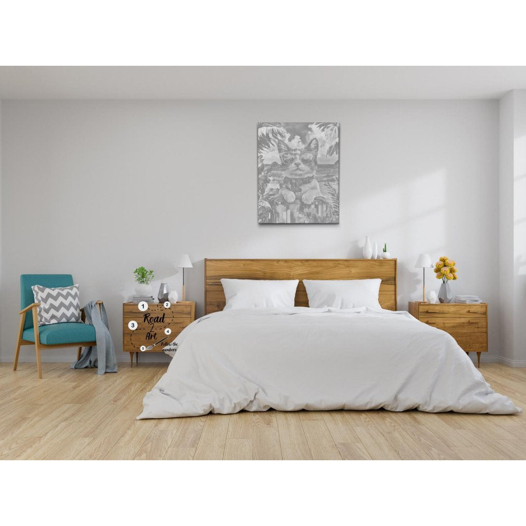 Dot Painting Wandbild Katze im Urlaub in Schwarz-Weiß