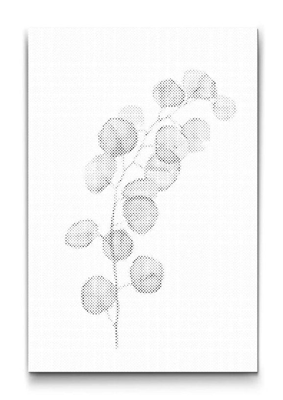 minimalistisches dot painting mit eukalyptus zweig in schwarz weiss als moderne wandkunst