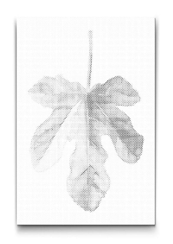 minimalistisches dot painting mit feigenblatt in schwarz weiss als moderne wandkunst