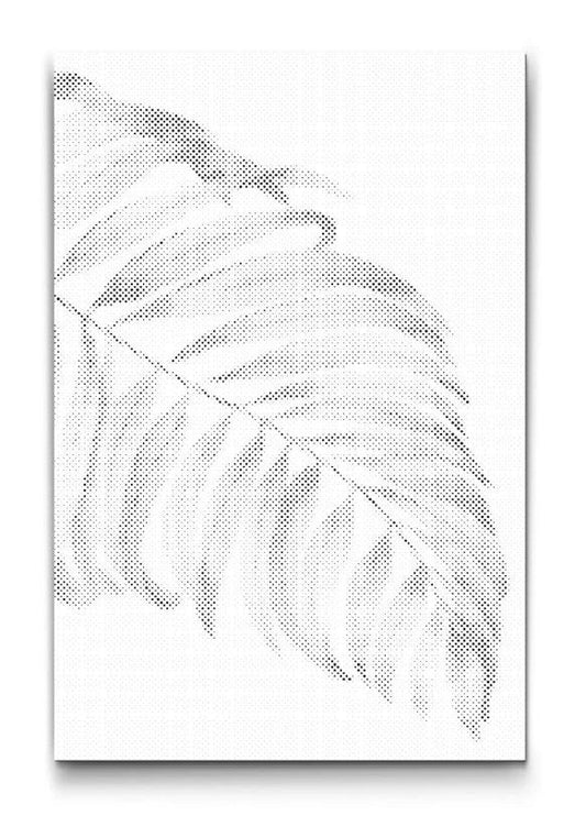 minimalistisches dot painting mit palmenblatt in schwarz weiss als moderne wandkunst