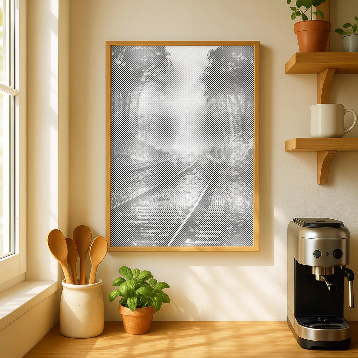 Gleise im Nebel – Wald | Punktmalerei Set als fertiges Punktmalerei Kunstwerk