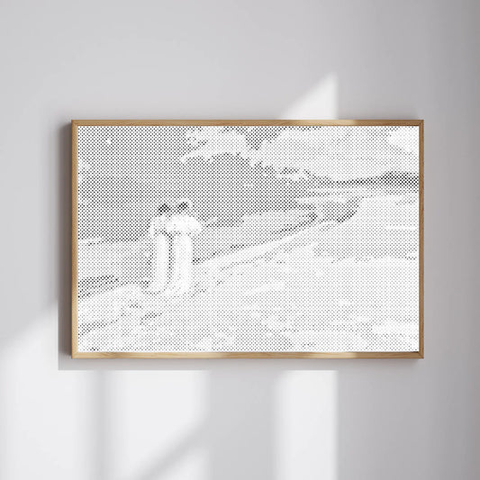 Framed artwork of two people embracing on a snowy landscape. Romantic Walk on the Beach | Dot Painting Kit