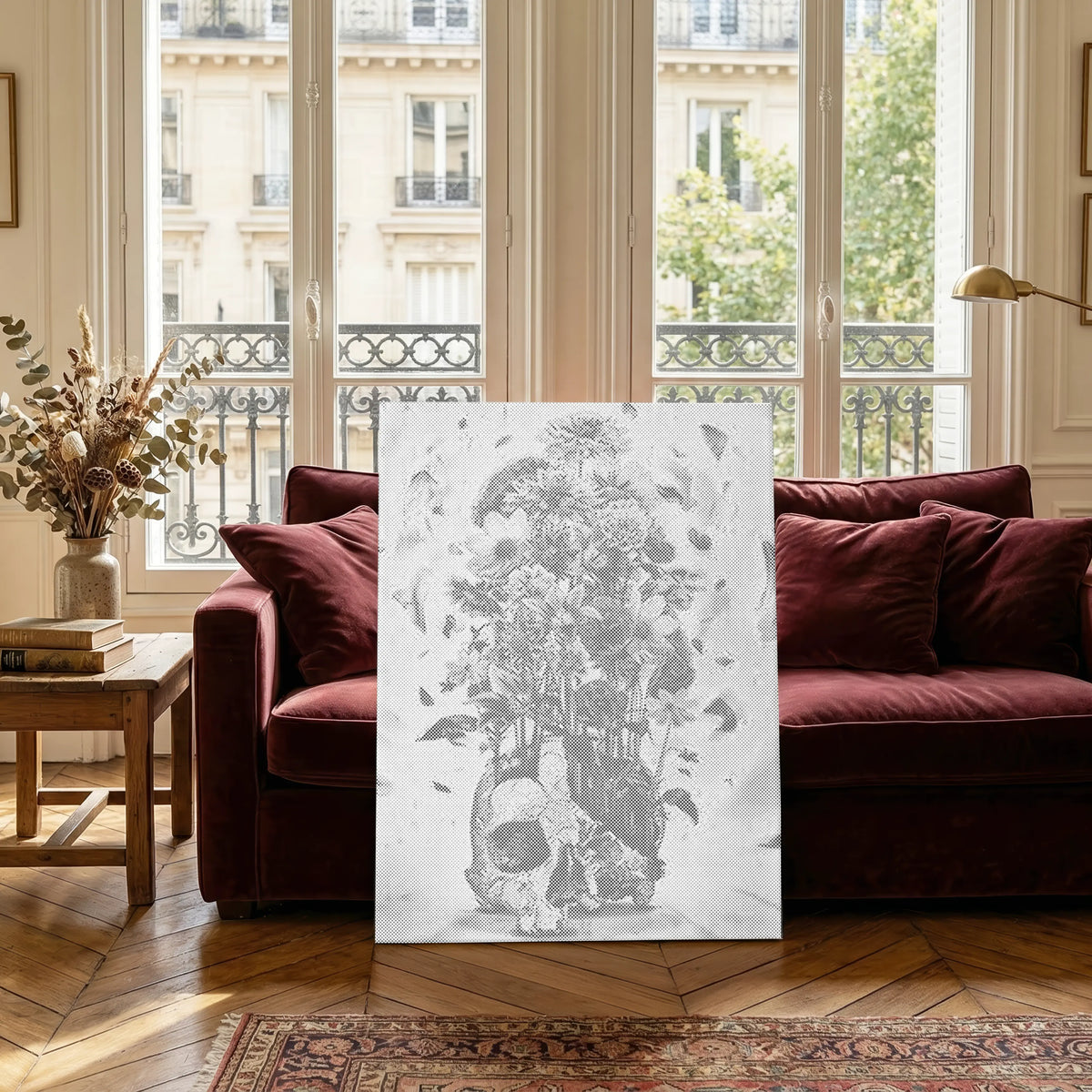 Schädel-Vase Stillleben | Punktmalerei Set als fertiges Punktmalerei Kunstwerk