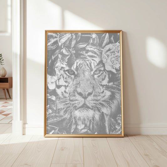 Framed abstract artwork on a wall in a bright room Tiger in the Jungle | Dot Painting