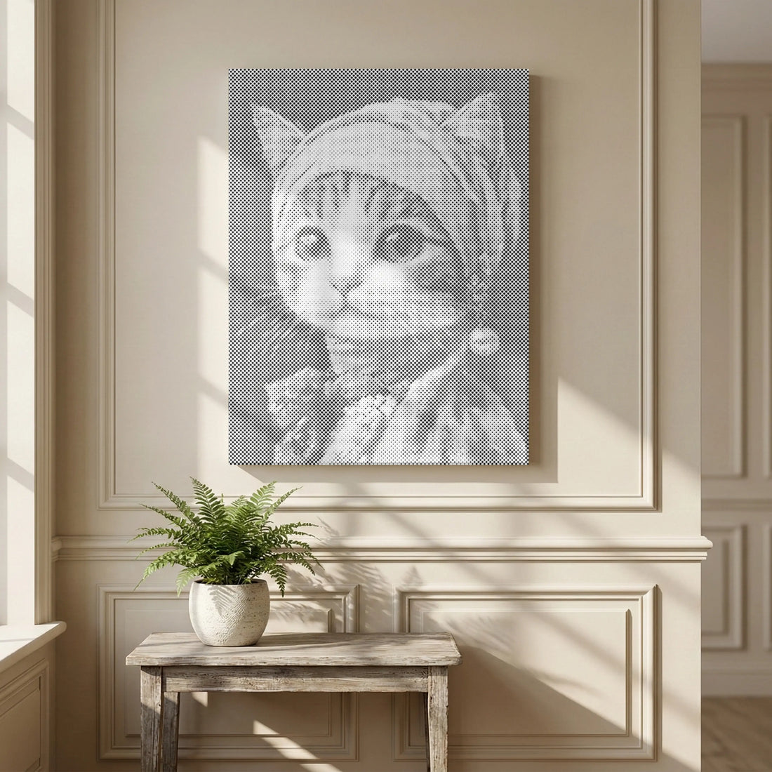 A vertical canvas wall art print featuring a black and white portrait of a kitten wearing a headscarf and pearl earring, displayed on a beige paneled wall above a small wooden table with a potted fern.