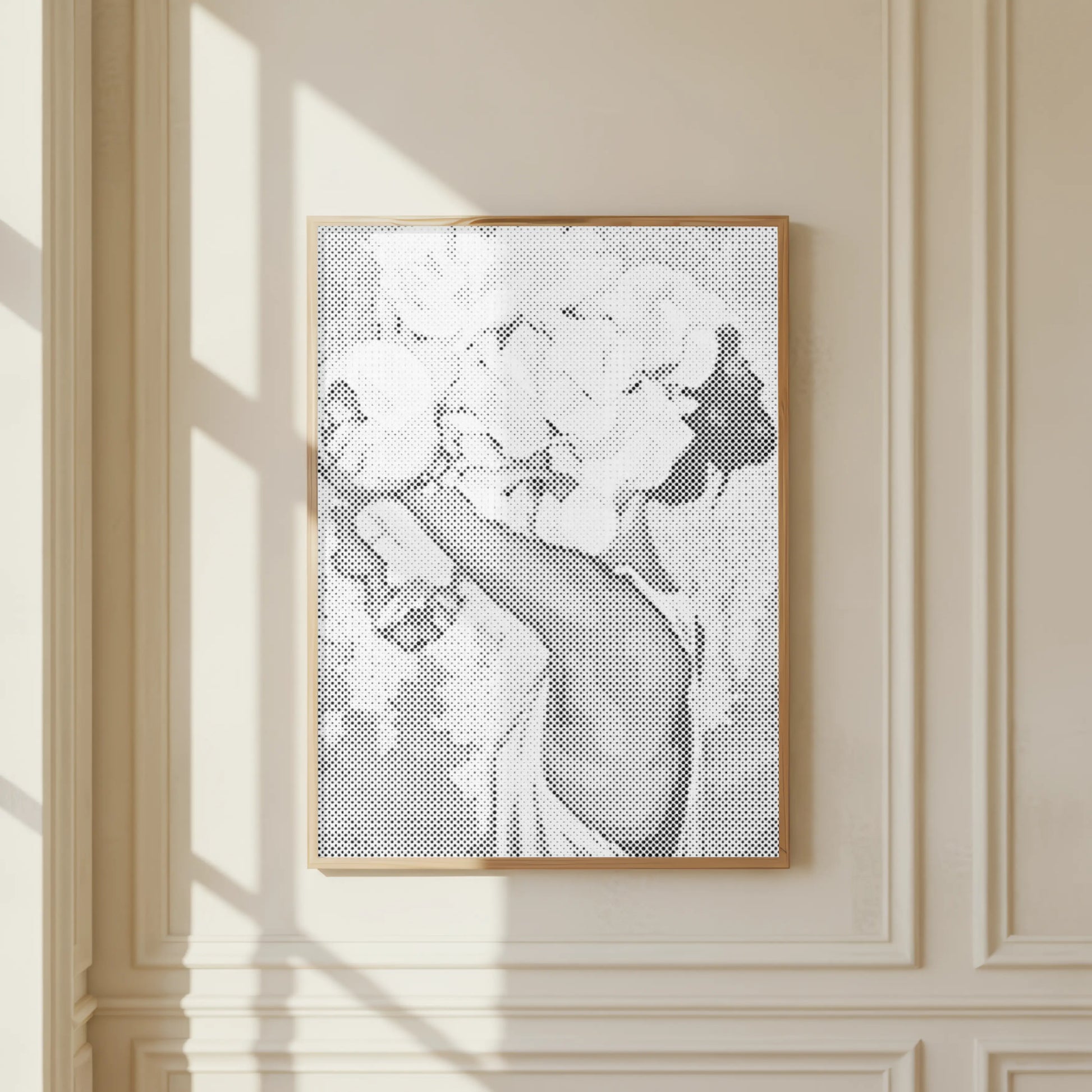 Framed black and white abstract artwork on a beige wall Woman with Flower Crown | Dot Painting Kit