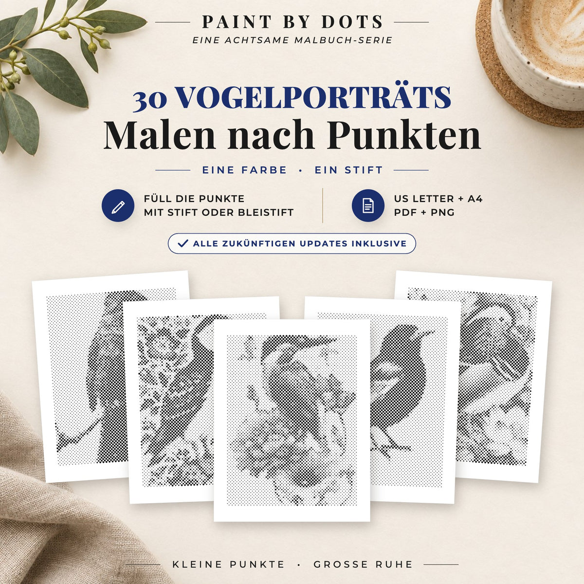 Cover des Punktmalerei-Buchs Vogelporträts mit 30 druckbaren Motiven