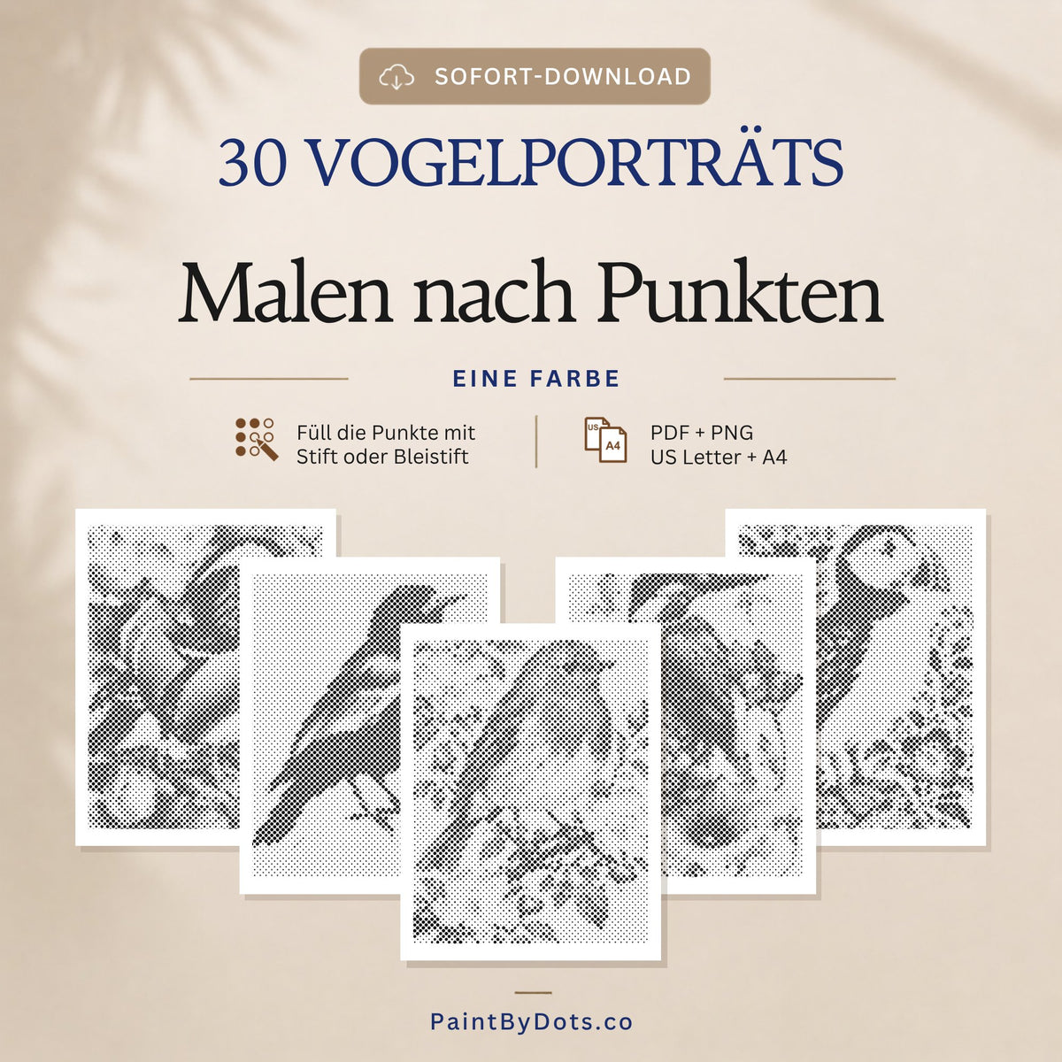 Vogelporträts Punktmalerei als digitaler Download mit 30 druckbaren Seiten (dot painting)