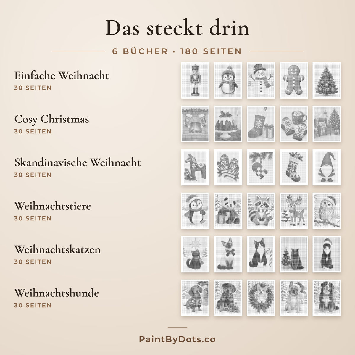 Das steckt im Komplette Weihnachtssammlung Punktmalerei-Bundle: Einfache Weihnacht, Cosy Christmas, Skandinavische Weihnacht, Weihnachtstiere, Weihnachtskatzen und Weihnachtshunde