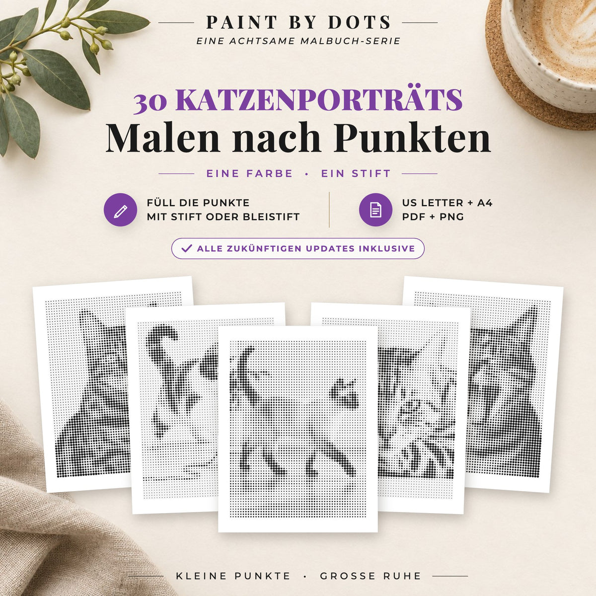 Cover des Punktmalerei-Buchs Katzenporträts mit 30 druckbaren Motiven